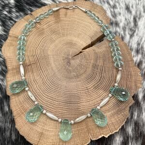 1990s NATIVE AMERICAN Sterling Silver & Blue Chalcedony 5 Teardrop Bead Necklace